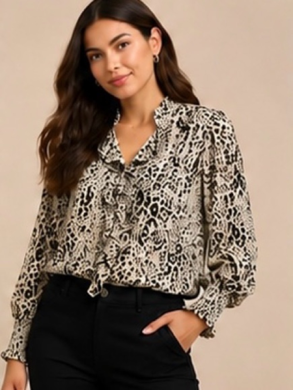 Tahari Leopard Print Chiffon Ruffle Blouse – Small Petite S/P